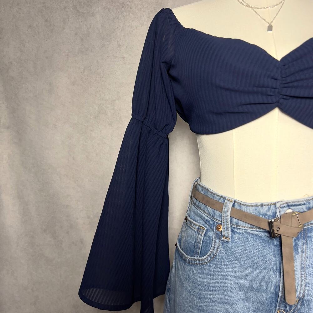 Blue Blush Navy Bell Sleeve Crop Blouse - Women's Size M